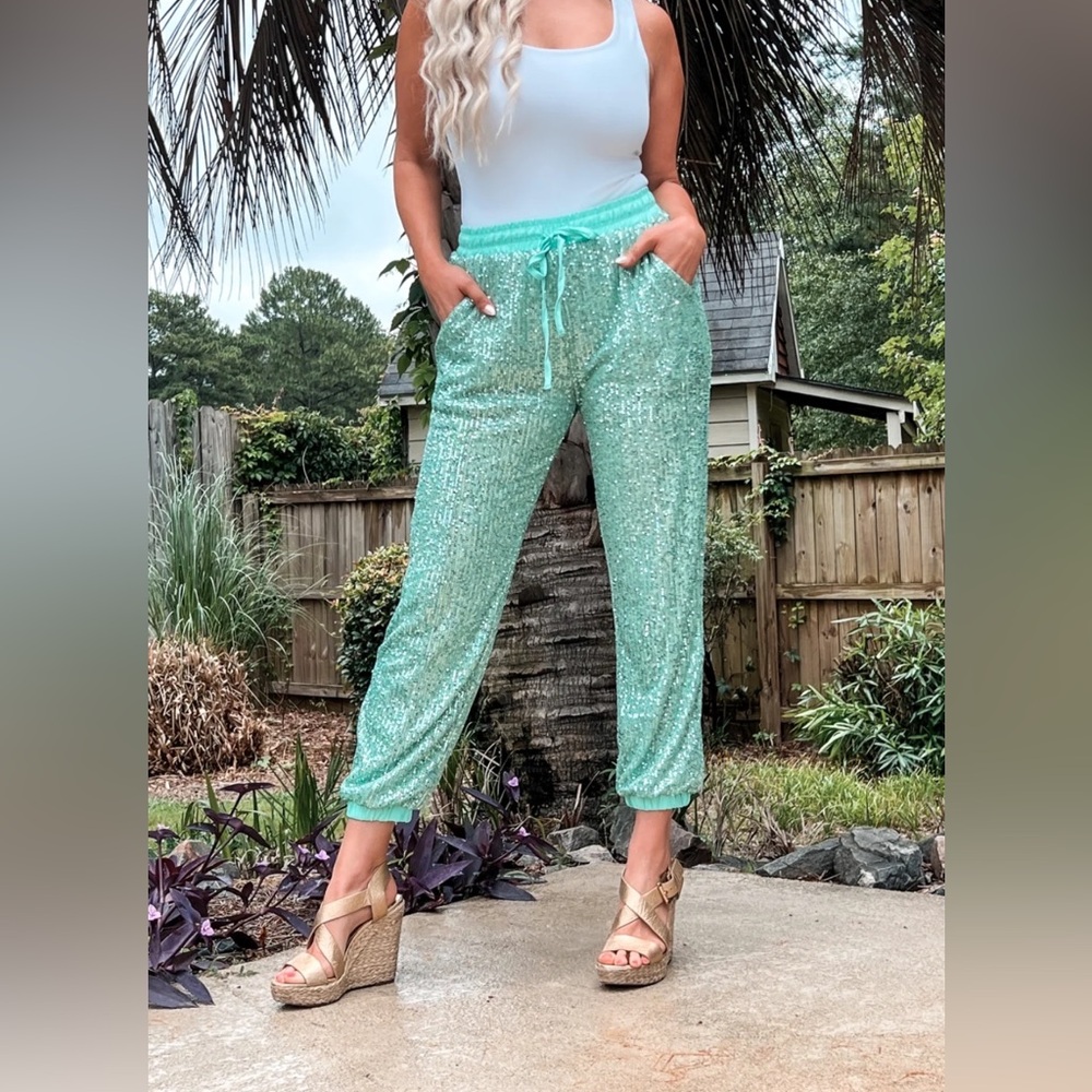 Mint Sequin High-Waisted Drawstring Pants - image 3